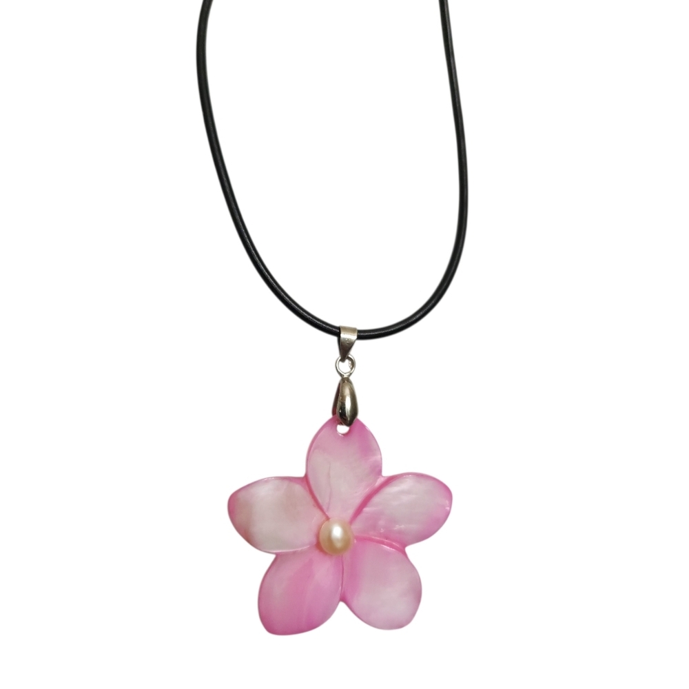 Hawaiian Jewelry Pink Plumeria Flower‎ Shell Hand Carved Pearl Pendant Necklace
